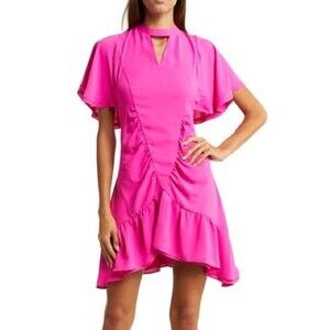 Le Superbe Dress Pink Waikiki Ruched Mini Bright Hot Short Ruffle Tie Back NWOT
